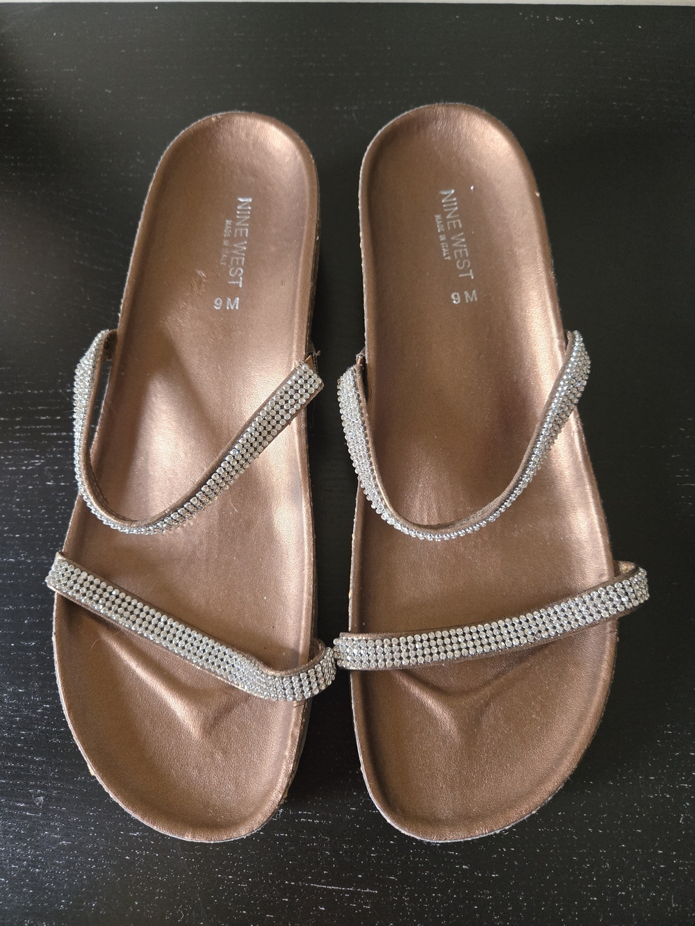 Nine West Bronze Slide Sandals with Silver Rhinestone Straps